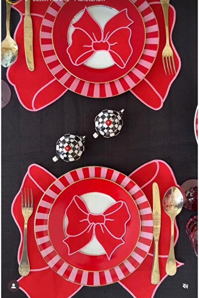 İNCİ ÇEYİZ 4 Pieces First Quality Linen Bow Pattern Embroidered American Serviette and Presentation Napkin