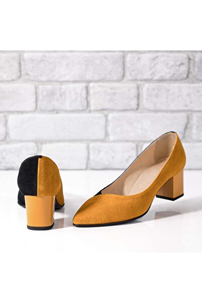 BMoD Yellow and black printed suede genuine leather women's heeled shoes MOD033890