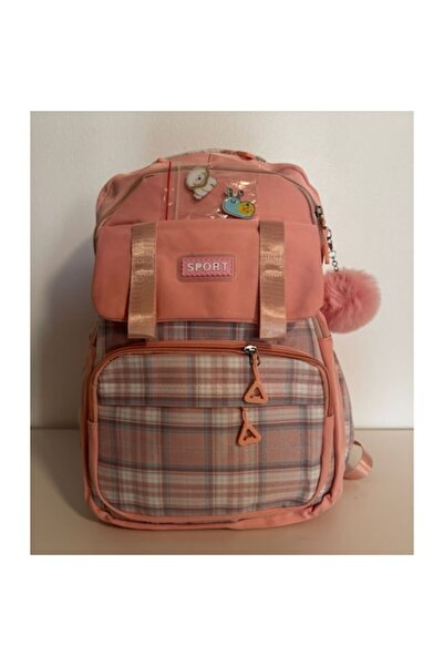 Dartonia Ghiozdan școlar cu imprimeu în carouri și breloc cu pom-pom – 45x32x...