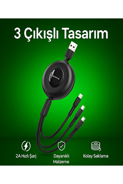 Borofone 3in1 Şarj Kablosu Type-C Lightning Micro USB, 1m, 2A Hızlı Şarj, iPh...