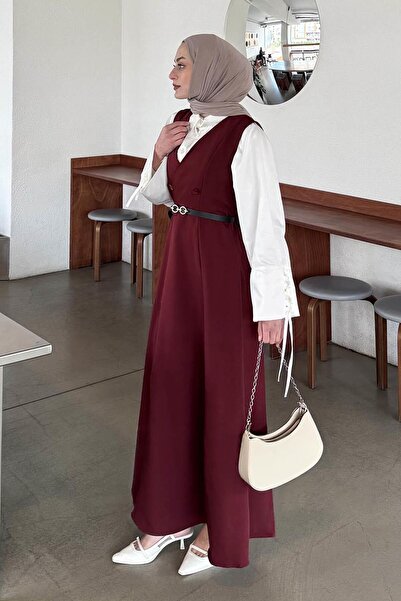 lamelif Button Detailed Sleeveless Hijab Dress Burgundy
