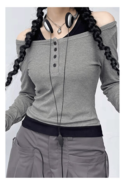 Köstebek Buttoned Madonna Collar Smoked Blouse with Insert Piece