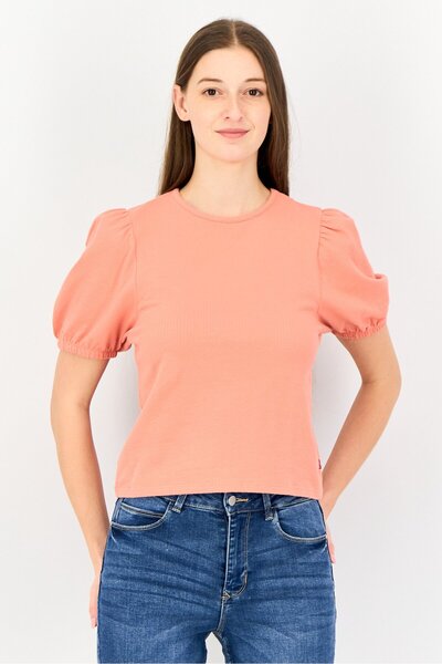 Levi's Women Crew Neck Short Sleeve Textured Top, Orange