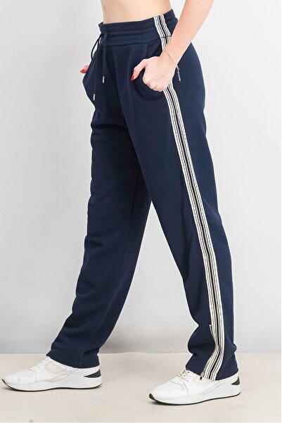 Lacoste Women Regular Fit Side Stripe Sweatpants, Navy Blue and Vanilla Plant