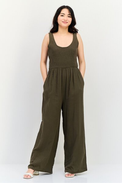 Brave Soul Women Shirred Sleeveless Jumpsuit, Dark Olive