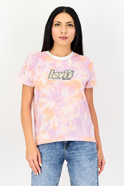 Levi's بلوزة نسائية بأكمام قصيرة وياقة دائرية وشعار العلامة التجارية، متعددة الألوان