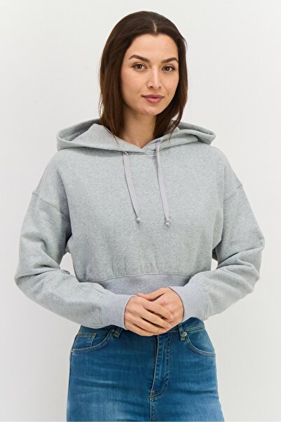 NIA Women Heather Crop Hooded Sweatshirt, Light Grey