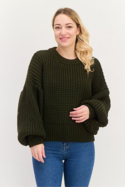 En Saison سترة نسائية محبوكة برقبة دائرية، زيتوني