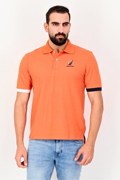 Nautica Men Regular Fit Embroidered Logo Short Sleeve Polo Shirt, Dark Orange