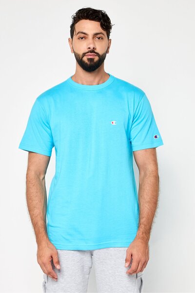 Champion تي شيرت رياضي رجالي بأكمام قصيرة للتدريب، فيروزي