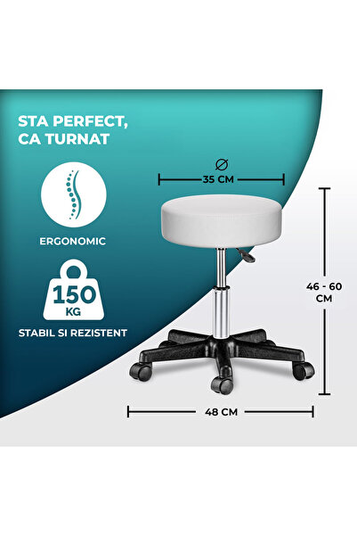 Elindor ® Scaun rotativ cu roți, ergonomic, fără spătar, 49 x 49 x 46-60 cm, alb