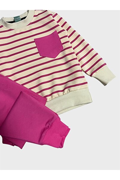 ALİŞ KİDS Σετ αθλητικής φόρμας για κορίτσια από βαμβακερό ροζ ριγέ μακρυμάνικο