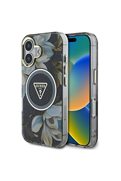 Guess Θήκη iPhone 16, IML Flowers με λουράκι Pearl Strip MagSafe, - Μαύρη