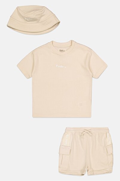 Fudo Toddlers Boy 3 Pieces Short Sleeves Brand Logo T-shirt Cargo Shorts And Bucket Hat, Beige