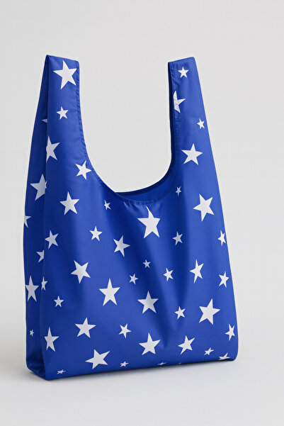 PUREYSMA Lacivert Yıldız Desenli Katlanabilir Bez Alışveriş Çantası – Suya Dayanıklı ve Kılıflı