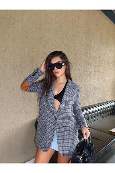 LOKADI Gri Astarlı Dirsek Detaylı Tek Düğme Kruvaze Blazer Ceket