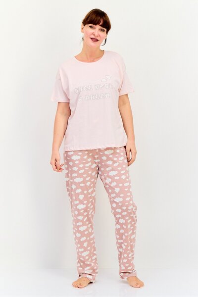 Koton Women 2 Pieces Allover Print Top And Bottom Pajama Set, Pink
