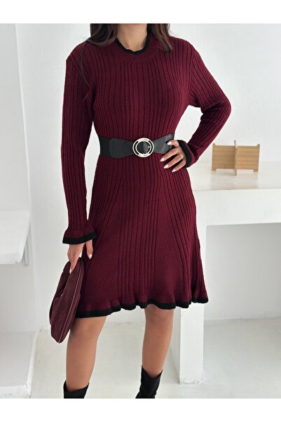 b buhari bykoc Belted Ribbed Crew Neck Knit Dress