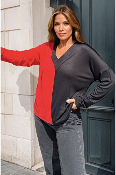 Pasaklı Giyim Women's Color Block Long Sleeve V-Neck Casual Blouse 3587200