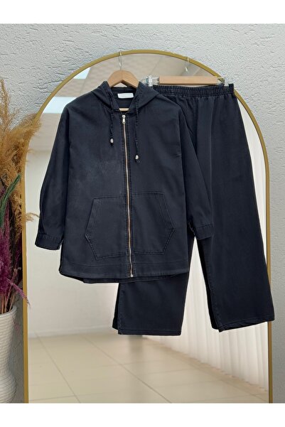 BENAHOLL Azedeh Kapşonlu Kangru Cepli Pantolonlu İnce Kot Takım-EK101.1 Siyah