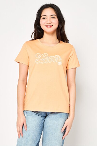 Levi's Women Round Neck Short Sleeve Brand Logo T-Shirt, Orange