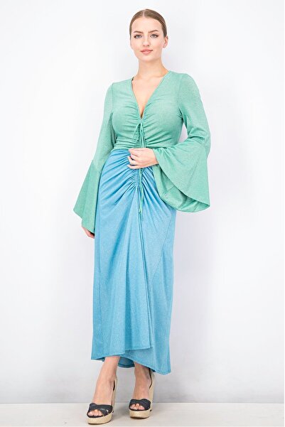 Uterqüe Women V-neck Bell Sleeve Metallic Maxi Dress, Green and Blue