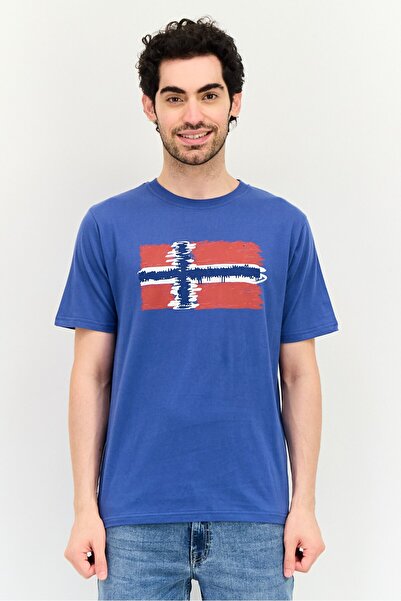 NORTHLAND Men Ribbed Collar Short Sleeve Graphic Print T-Shirt, Dark Blue