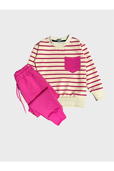 ALİŞ KİDS Σετ αθλητικής φόρμας για κορίτσια από βαμβακερό ροζ ριγέ μακρυμάνικο