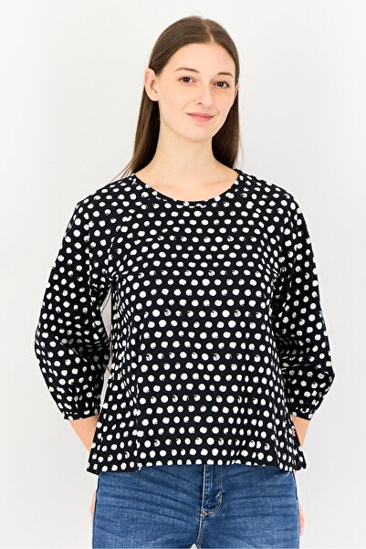 Levi's بلوزة نسائية بياقة دائرية وأكمام طويلة منقوش عليها نقاط بولكا، متعددة الألوان