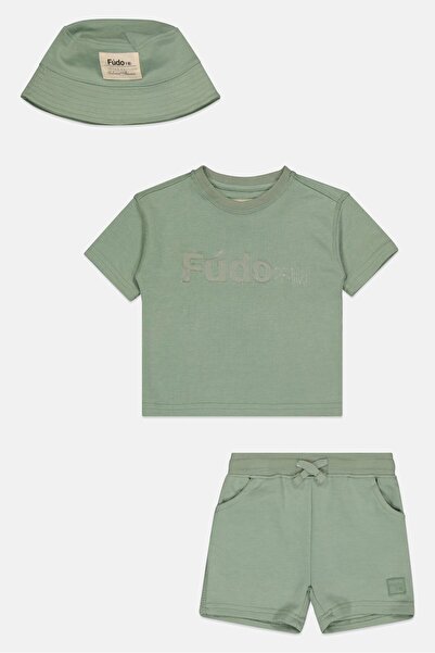 Fudo Toddlers Boy 3 Pieces Brand Logo T-Shirt And Shorts With Bucket Hat, Sage Green