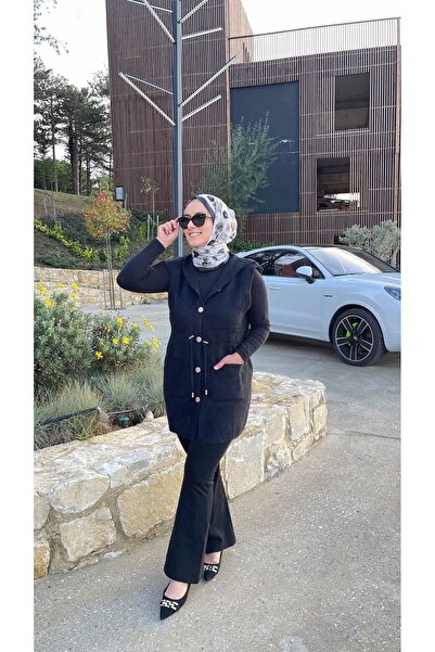 demet's collection Meli̇sa Angora Buttoned Vest with Hat and Pockets