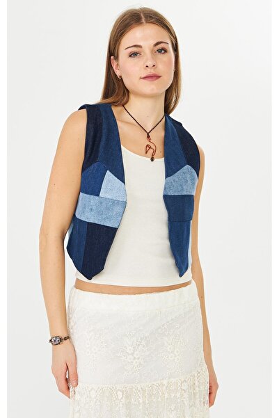 Denim Yelek Mavi Patchwork
