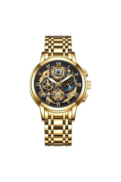 Lige Ceas bărbătesc cuarț analogic, cadran negru, cu afișaj auriu și dată