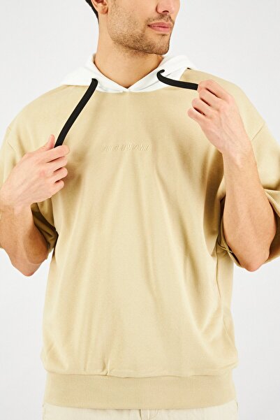 John Richmond Men Short Sleeve Solid Hoodie, Beige