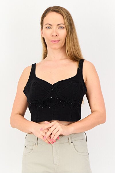MOHITO Women Sweatheart Neck Sleeveless Embellished Denim Top, Black
