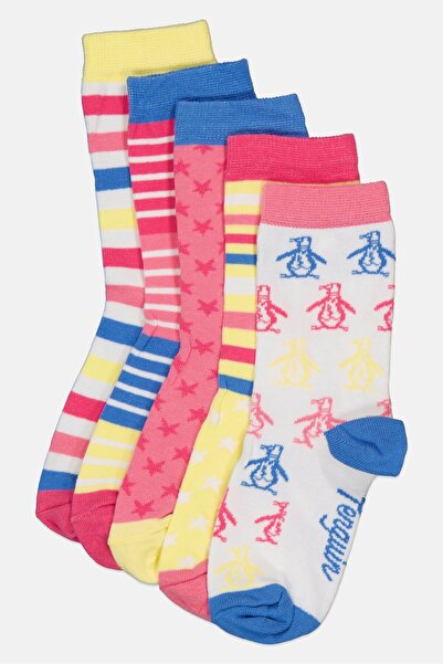 Original Penguin Kids Girl 5 Pairs Allover Print Ankle Socks, Multicolor