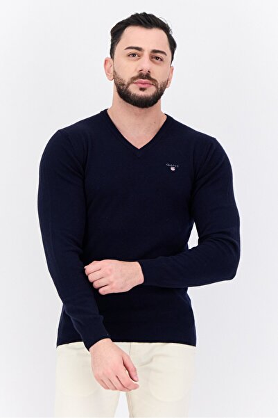 Gant سترة رجالية بأكمام طويلة وشعار مطرز ورقبة على شكل حرف V، لون بحري