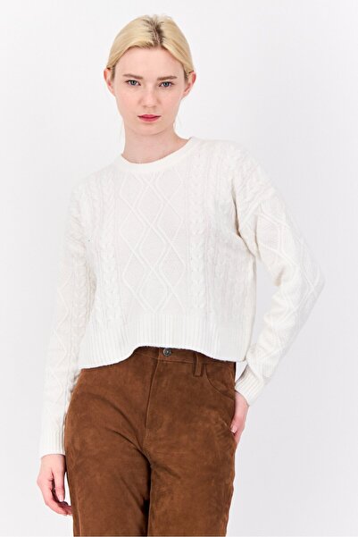 PİNK ROSE Women Crew Neck Textured Sweater, White