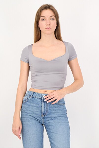 Don't Call Me Jennyfer Women Queen Anne Neck Short Sleeves Plain Crop Top, Grey