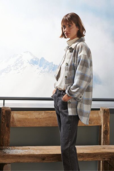 Tchibo Women Checked Long Sleeve Jacket Shirt, Grey Combo