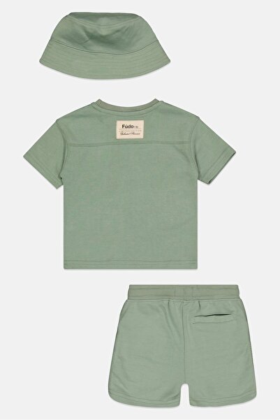 Fudo Toddlers Boy 3 Pieces Brand Logo T-Shirt And Shorts With Bucket Hat, Sage Green