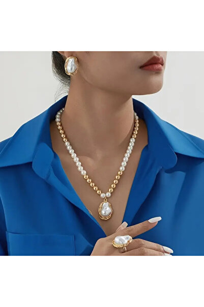 İnci Mercan Bujiteri Retro Düzensiz İnci Küpe, Kolye ve Yüzük Seti - 4 Lü Set