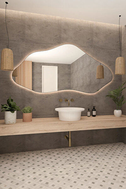 Fawdecor Modern Asimetrik LED Banyo Duvar Aynası, Estetik Dresuar Boy Aynası