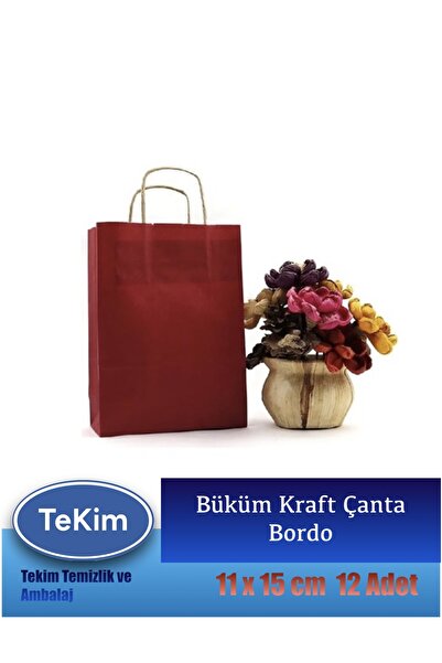 tekim temizlik ve ambalaj Büküm Saplı Mini Hediyelik Kraft Karton Çanta Poşet 12li Paket 15x11x6 cm Bordo