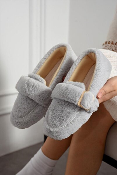 FUGA MODA Alexis Gray Buckle Detailed Strap Plush Home Slippers
