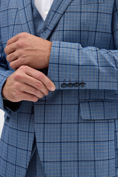 Frappoli Pakito Indigo Plaid Patterned Mono Collar Slim Fit Double Slit Lined Suit