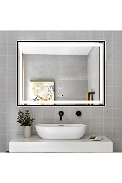 Smack Oglindă LED tactilă, 80 x 60 cm, cu ceas, ramă neagră mată, J30,