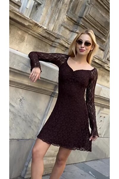 MAMAYAGA Kadın Önden Büzgülü Asimetrik Kesim Etek Tamamen Dantel Esnek Şık Gece Gündüz Abiye Elbise