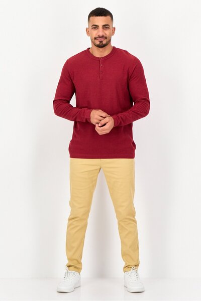 CELIO Men Crew Neck Long Sleeve Plain T-Shirt, Maroon