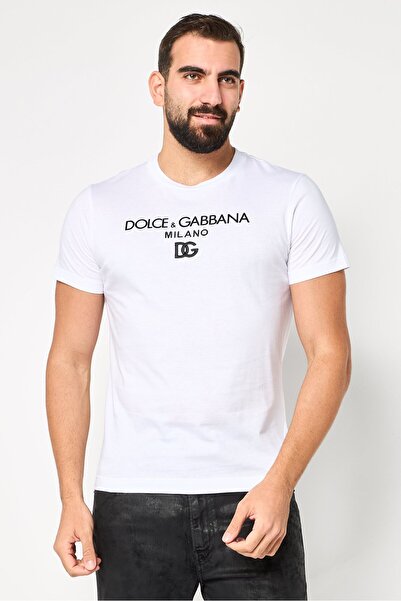 Dolce&Gabbana Men Crew Neck Short Sleeve Embroidered Logo T-Shirt, White